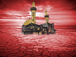 Muharram Memorial Shrine in Red Desert Landscape with Minarets and Dome HD wallpaper