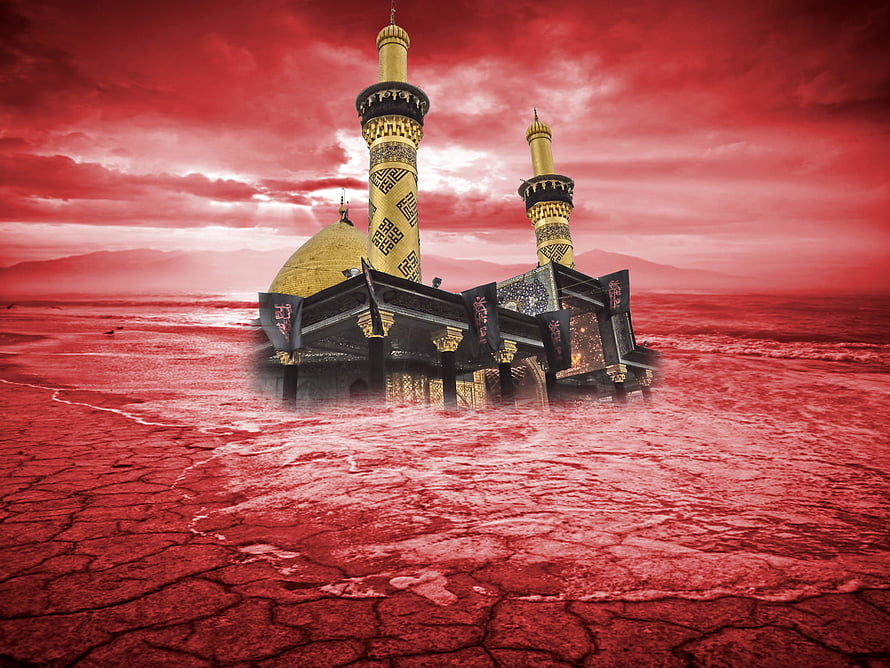 Muharram Memorial Shrine in Red Desert Landscape with Minarets and Dome HD wallpaper
