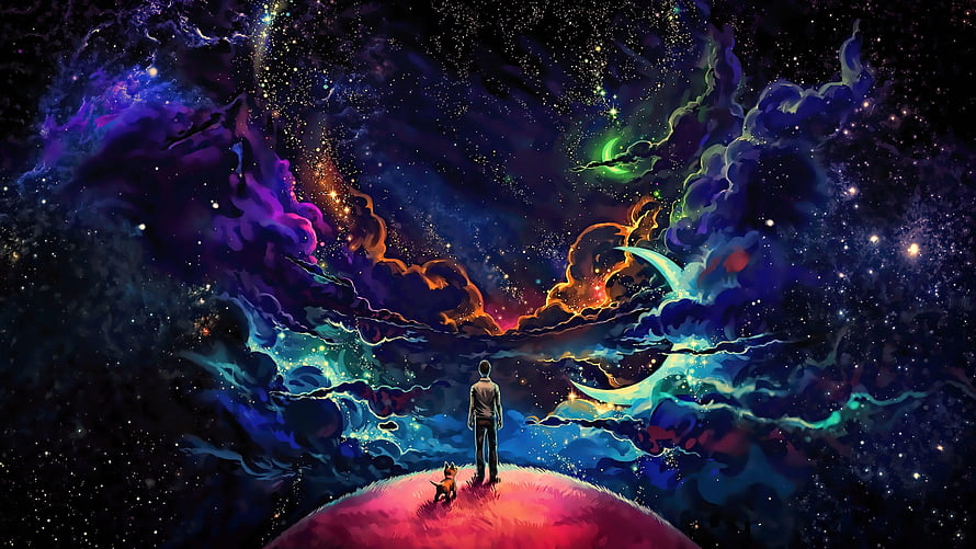 Man and Dog Standing on a Glowing Planet Under a Vibrant Cosmic Nebula Sky HD wallpaper