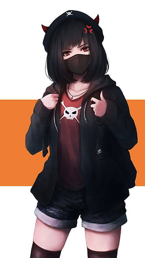 Anime Girl in Black Hoodie and Mask with Devil Horns and Skull Shirt HD phone wallpaper