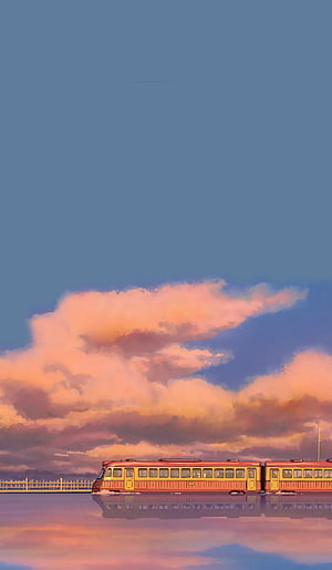 Studio Ghibli Style Train Crossing Water at Sunset with Pink Clouds HD phone wallpaper