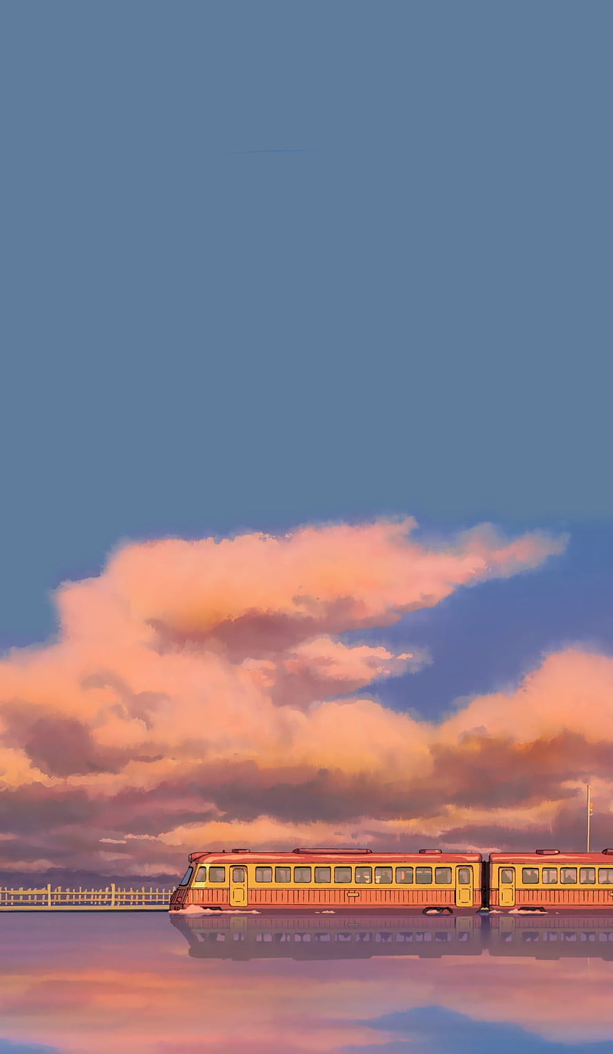 Studio Ghibli Style Train Crossing Water at Sunset with Pink Clouds HD phone wallpaper