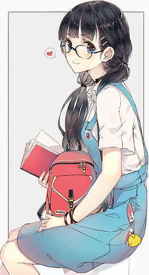Anime Girl With Glasses And Red Backpack Holding Books In Blue Overalls HD phone wallpaper