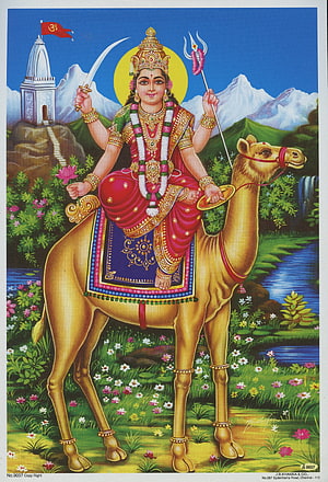 Momai Maa Divine Deity Riding Golden Camel in Vibrant Indian Mythological Art HD phone wallpaper