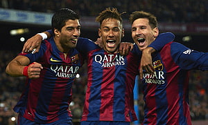 MSN Trio Lionel Messi Luis Suarez Neymar Celebrating in FC Barcelona Striped Kits HD wallpaper