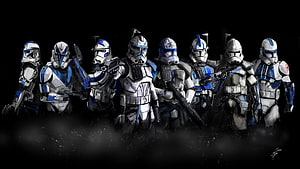 501st Legion Clone Troopers in Blue and White Armor with Blasters HD wallpaper