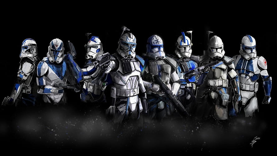 501st Legion Clone Troopers in Blue and White Armor with Blasters HD wallpaper