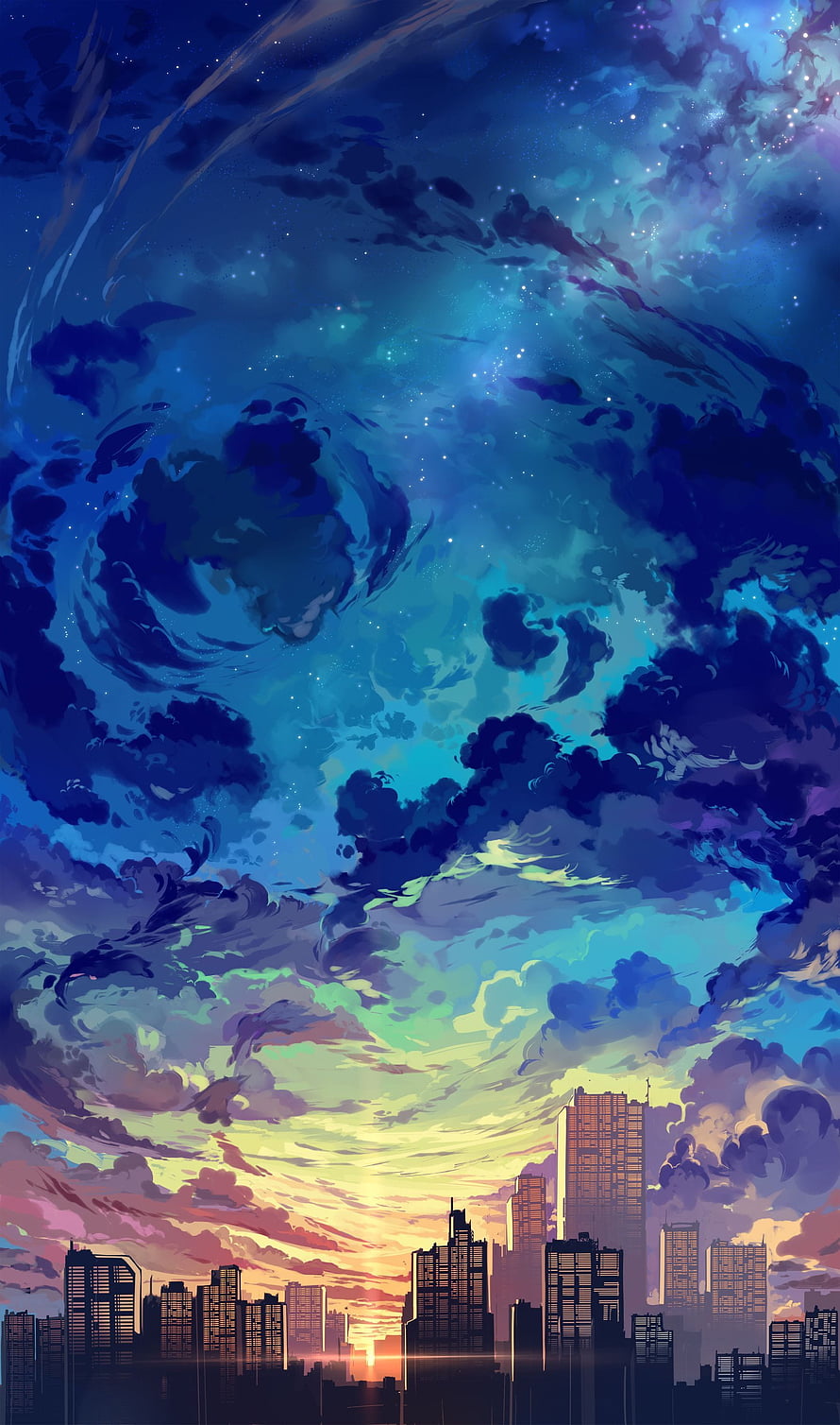 Anime Style Cityscape at Dusk with Swirling Starry Night Sky and Dramatic Clouds HD phone wallpaper