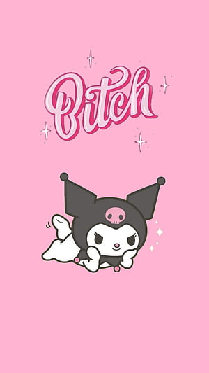 Kuromi Lying Down With Cursive Text On Pink Background HD phone wallpaper