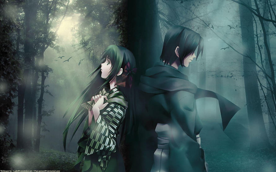 Melancholic Anime Couple Standing Back to Back in Misty Forest HD wallpaper