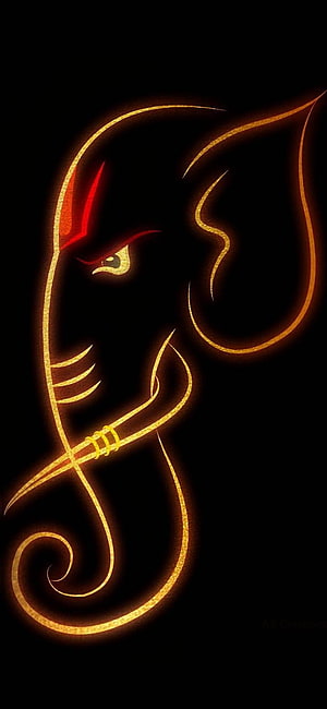 Ganesha Minimalist Line Art with Glowing Golden Contours and Red Crown on Black Background HD phone wallpaper