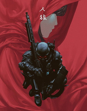 Jin Roh The Wolf Brigade Soldier in Tactical Gear with Red Fabric Background HD phone wallpaper