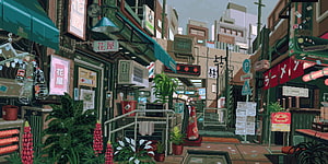 Waneella Pixel Art Japanese Street Scene with Flower Shop and Urban Details HD wallpaper