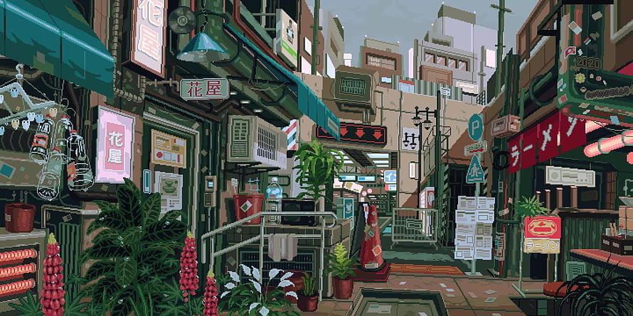 Waneella Pixel Art Japanese Street Scene with Flower Shop and Urban Details HD wallpaper