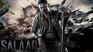 Prabhas as Salaar in gritty warzone action movie poster with tanks and explosions HD wallpaper