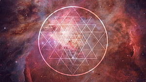 Sri Yantra Sacred Geometry Overlay on Vibrant Cosmic Nebula Background HD wallpaper