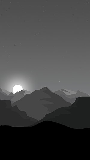 Minimalist Dark Grey Mountain Landscape with Moonrise and Starry Night Sky HD phone wallpaper
