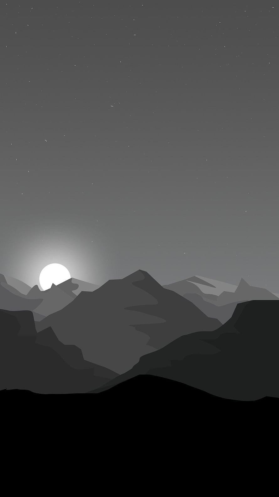 Minimalist Dark Grey Mountain Landscape with Moonrise and Starry Night Sky HD phone wallpaper