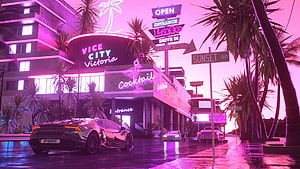 Neon-lit Vice City street scene with a Lamborghini under pink and purple night lights HD wallpaper