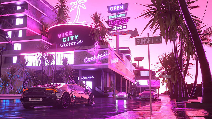 Neon-lit Vice City street scene with a Lamborghini under pink and purple night lights HD wallpaper
