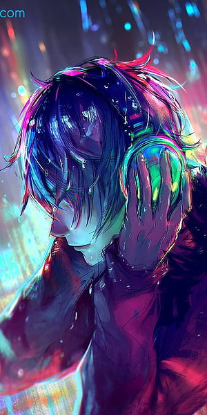 Emotional Anime Character with Neon Hair and Rain Droplets in Vibrant Digital Art HD phone wallpaper