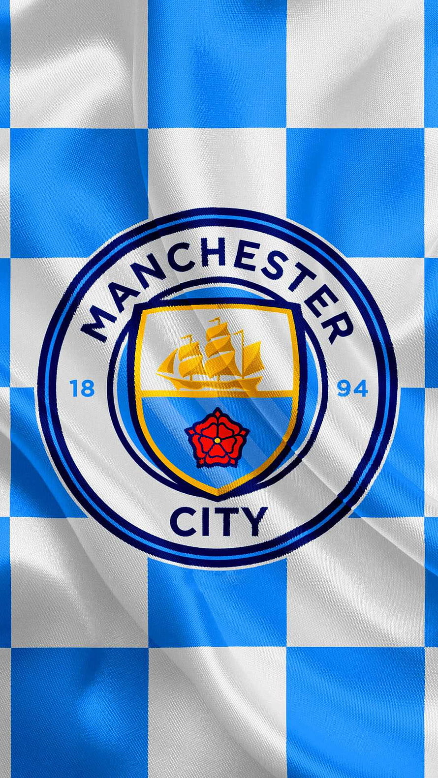 Manchester City FC Crest on Blue and White Checkered Fabric Background HD phone wallpaper