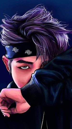 Anime Male Character with Purple Hair and Black Bandana in Dramatic Pose HD phone wallpaper