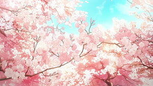 Anime Style Cherry Blossom Branches Against a Soft Blue Sky HD wallpaper