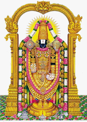 Sri Tirupati Balaji deity adorned in gold ornaments and floral garlands within ornate archway HD phone wallpaper