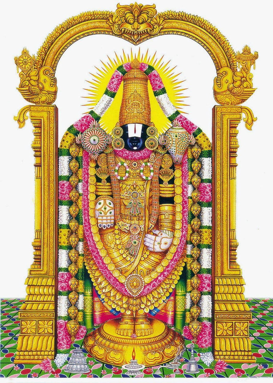 Sri Tirupati Balaji deity adorned in gold ornaments and floral garlands within ornate archway HD phone wallpaper