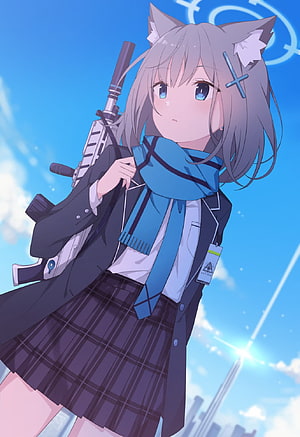 Sunaookami Shiroko from Blue Archive in School Uniform with Rifle and Cat Ears HD phone wallpaper