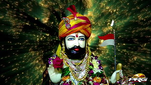 Baba Ramdev Runicha Portrait with Turban and Flag Against Golden Background HD wallpaper