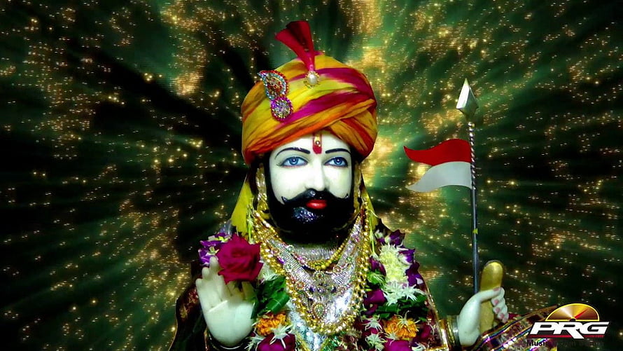 Baba Ramdev Runicha Portrait with Turban and Flag Against Golden Background HD wallpaper