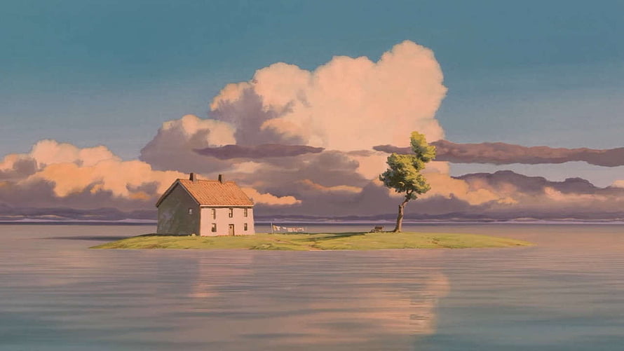 Studio Ghibli Animated Island House With Lone Tree And Dramatic Clouds HD wallpaper