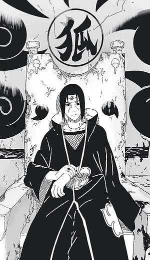 Itachi Uchiha in Akatsuki Robe Seated Before a Stone Tablet with Japanese Calligraphy HD phone wallpaper