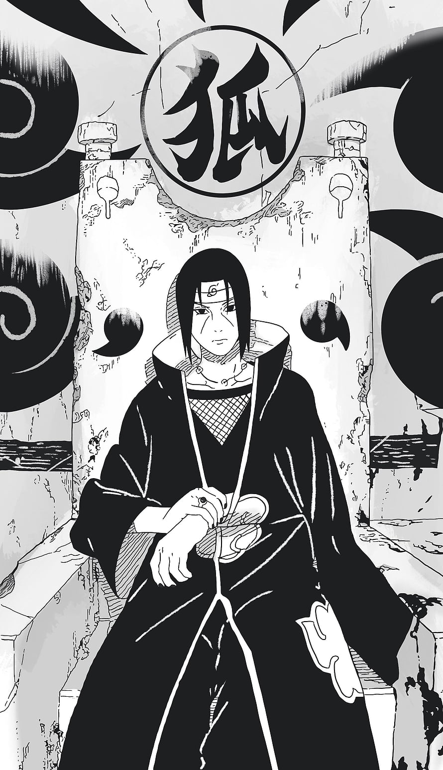 Itachi Uchiha in Akatsuki Robe Seated Before a Stone Tablet with Japanese Calligraphy HD phone wallpaper