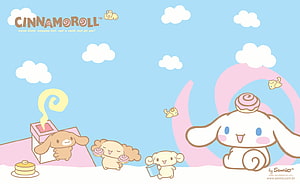 Cinnamoroll and Friends Enjoying Pastries Under a Blue Sky with Fluffy Clouds HD wallpaper