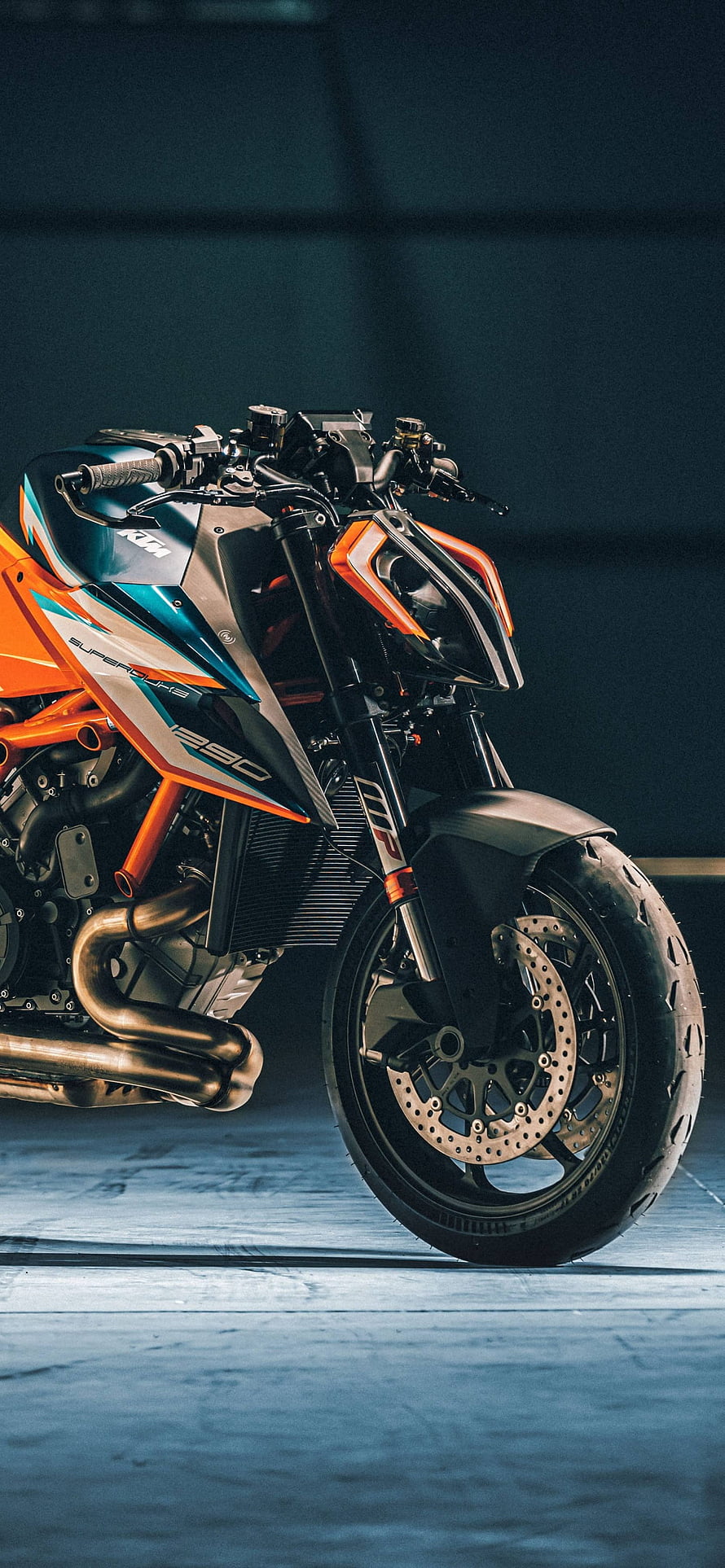 KTM 1290 Super Duke RR Naked Motorcycle in Orange and Teal Studio Setting HD phone wallpaper