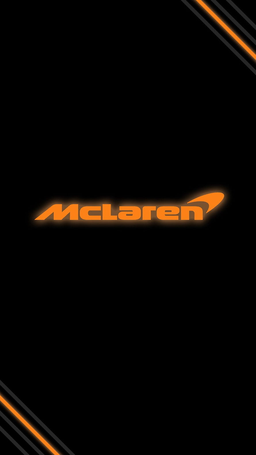 McLaren Orange Logo on Black Background with Diagonal Racing Stripes HD phone wallpaper