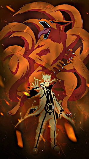 Naruto Uzumaki and Kurama Nine-Tails Fox in Fiery Battle Scene HD phone wallpaper
