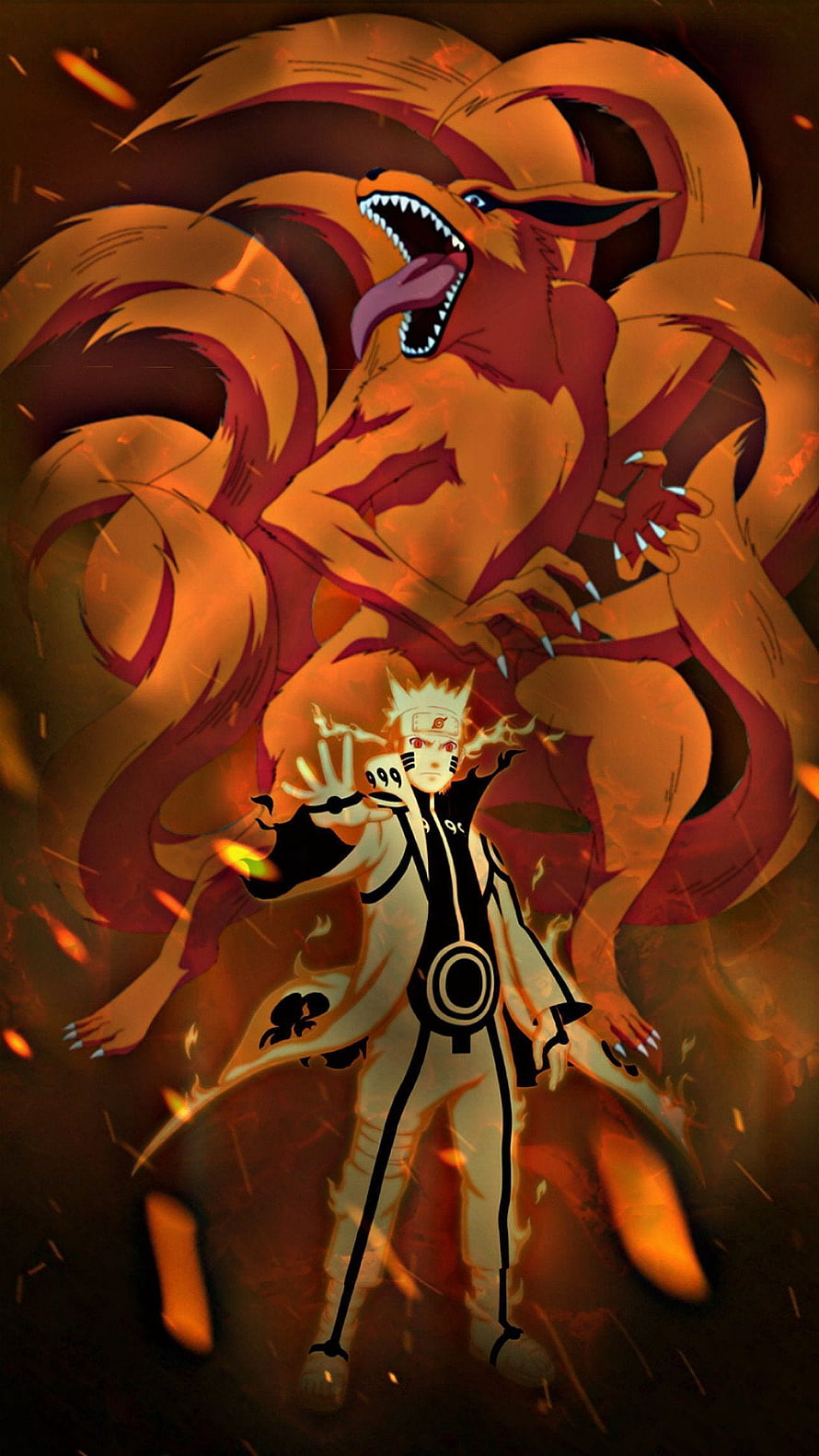 Naruto Uzumaki and Kurama Nine-Tails Fox in Fiery Battle Scene HD phone wallpaper