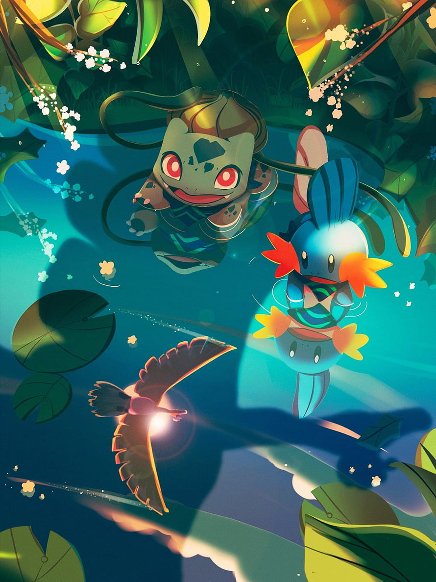 Bulbasaur and Psyduck Swimming in a Lush Forest Pond with a Flying Bird HD phone wallpaper