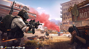 PUBG Mobile Battlefield Artwork Featuring Armed Soldiers in Desert Combat Zone HD wallpaper