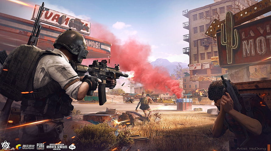 PUBG Mobile Battlefield Artwork Featuring Armed Soldiers in Desert Combat Zone HD wallpaper