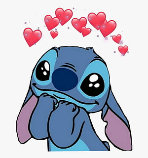 Cute Stitch from Lilo and Stitch with floating hearts and sparkles on a white background HD phone wallpaper