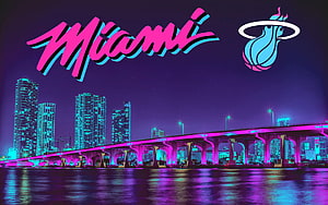 Miami Heat Neon Cityscape with Skyline and Bridge in Vibrant Pink and Cyan Tones HD wallpaper