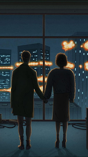 Fight Club Movie Scene: Couple Silhouetted Against City Explosions at Night HD phone wallpaper