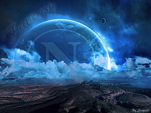Glowing Blue Planet Rising Over Desert Canyon Landscape at Night HD wallpaper