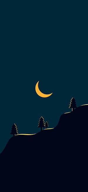 Minimalist Night Landscape with Crescent Moon and Pine Trees HD phone wallpaper