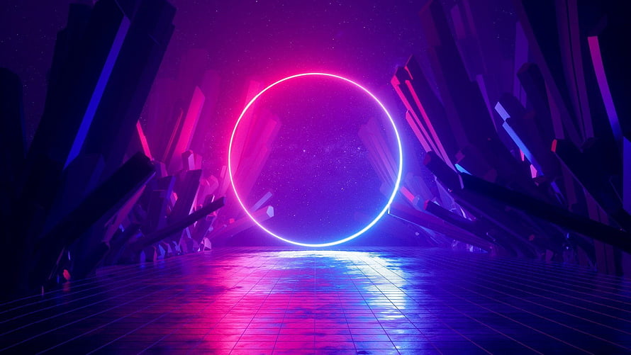 Neon Ring Portal in a Dark Crystal Cavern with Reflective Grid Floor HD wallpaper